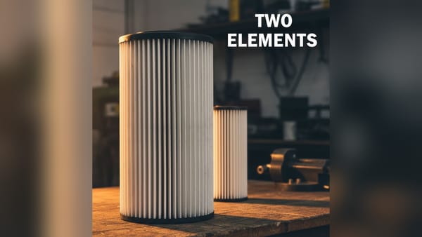 A large unmarked cylindrical air element on a bench with a smaller one behind it