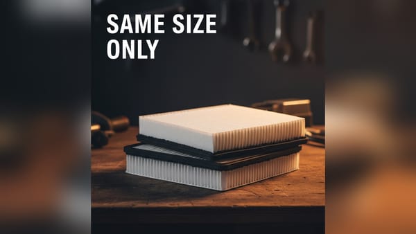 Two unmarked panel air filters stacked on a bench with mismatched depths