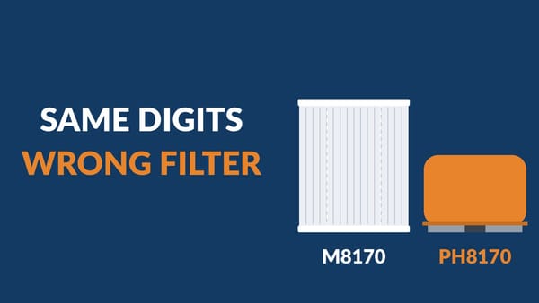 Mighty M8170 cartridge element beside a FRAM PH8170 spin-on can, captioned same digits, wrong filter