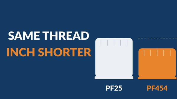 A taller PF25-size oil filter beside a shorter PF454-size filter with the words Same Thread, Inch Shorter
